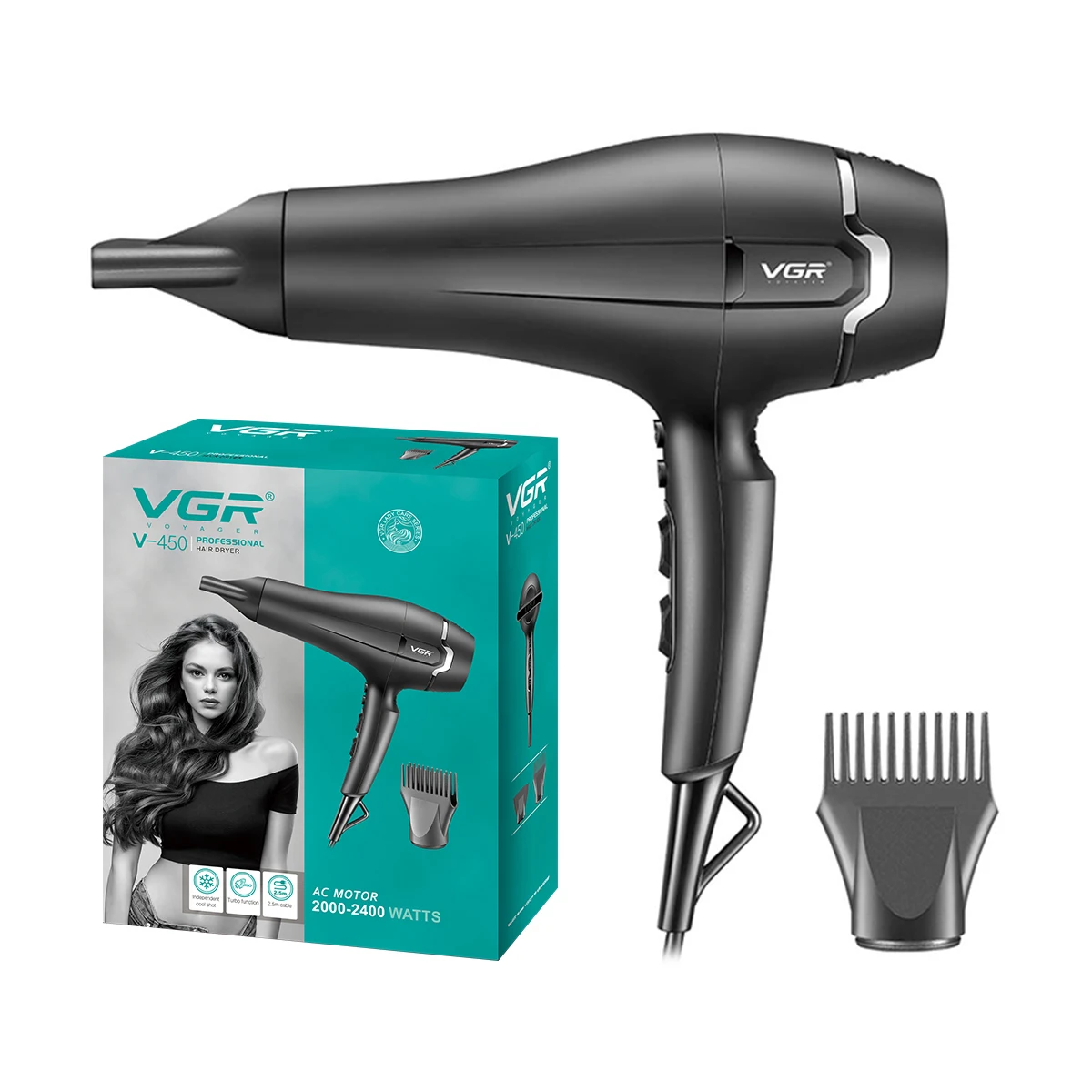 Vgr V-450 Hair Dryer 2000-2400w Concentrator Nozzle Professional Ac Motor Hair Dryer Salon Hair Dryer
