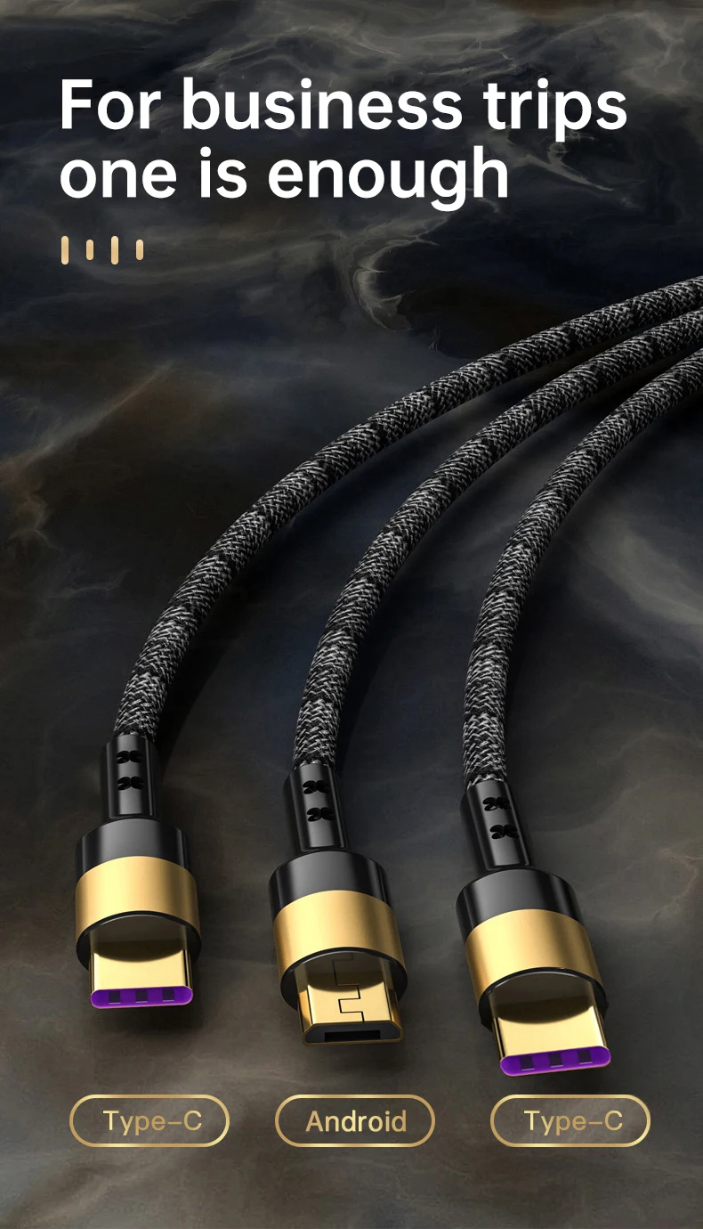 3 in 1 usb to type-c micro-usb 1.2m charger cable 66W fast charging braided gold-plated data cable