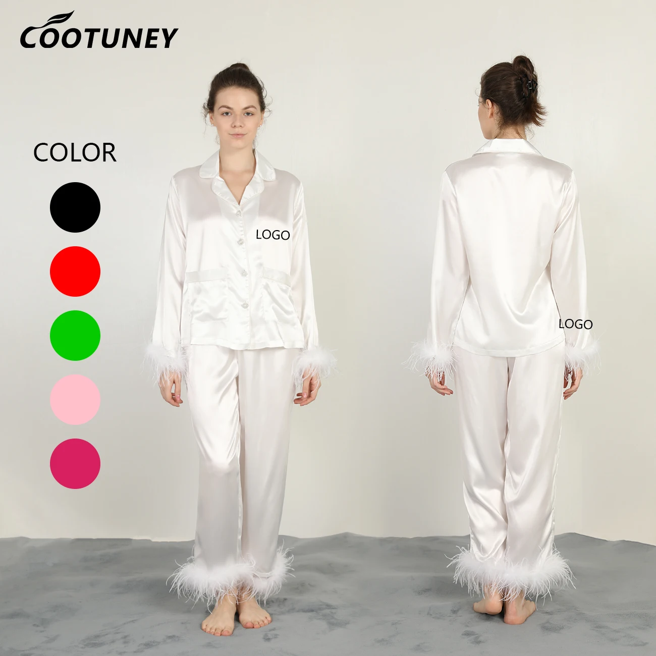 
Customized Logo Trendy Girls Elegant Luxury Long Sleeve Satin Ostrich Feather Pajama Set 