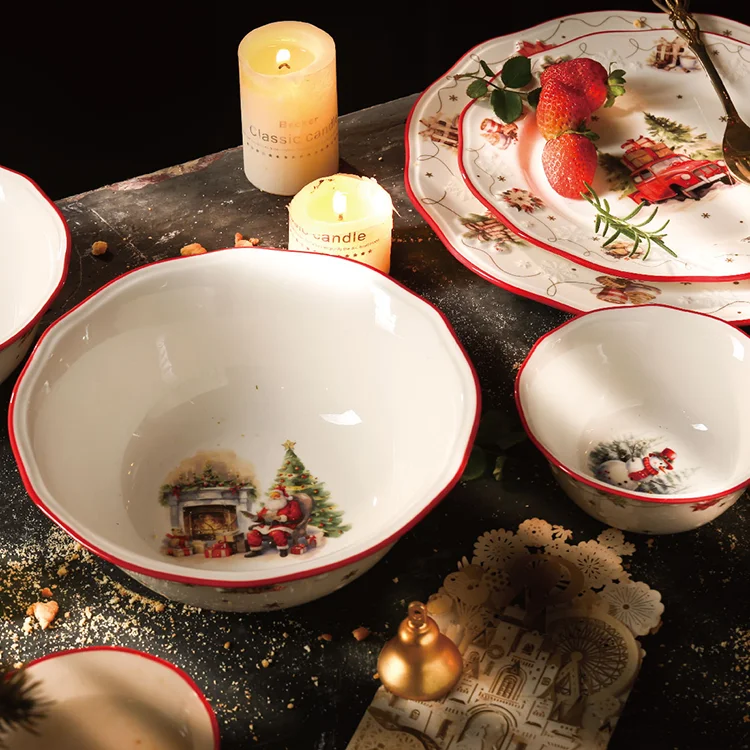 Snow embossed red rim decorative ceramic tableware plates and bowls dinner sets luxury porcelain christmas dinnerware set