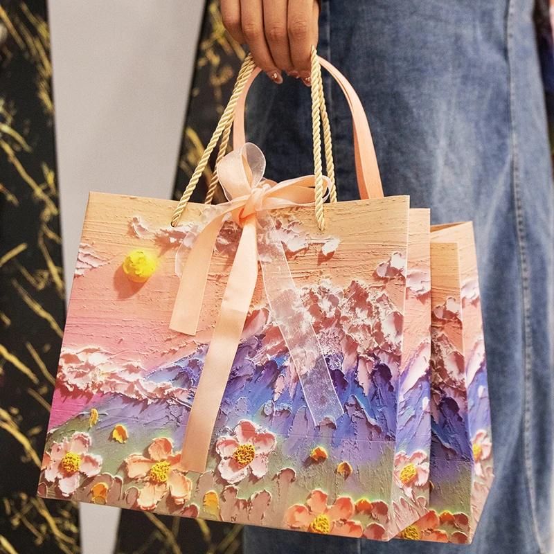 Custom Logo New Art Oil Painting Hand Carrying Festival Souvenir Tote Gift Packaging Paper Bag