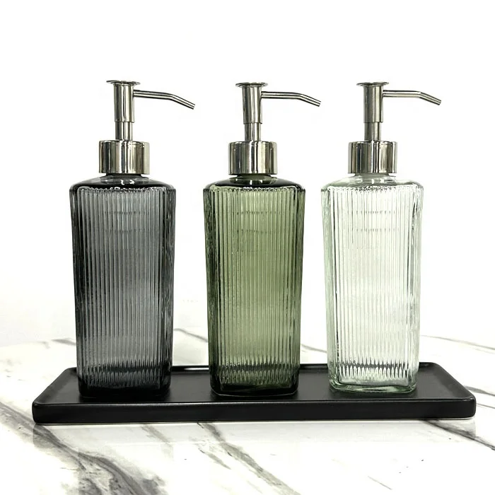 Bathroom clear green blue  glass shampoo bottles lotion soap Liquid Soap Dispenser bottles with stainless steel  pump
