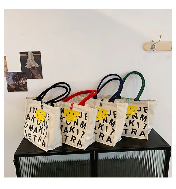 L055 fashion new shopping ladies cartoon smiley face large capacity bag lady tote canvas one-shoulder handbags