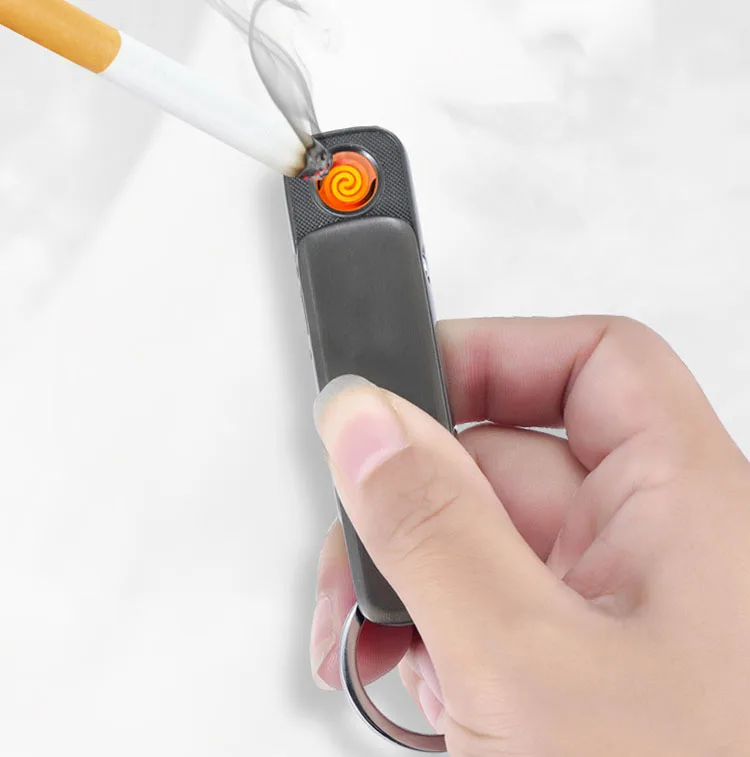 wholesale men gifts cheap gold windproof electric lighter usb rechargeable fancy mini keychain lighter with led flashlight light