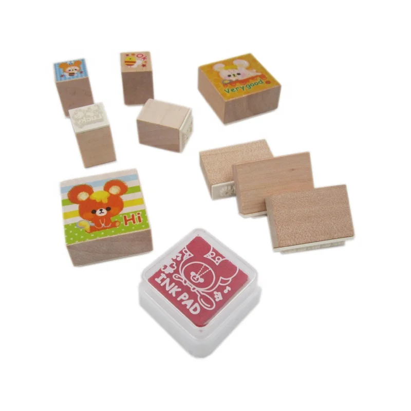 High quality Japanese funny wooden cartoon kids stamp with a mini red stamp pad