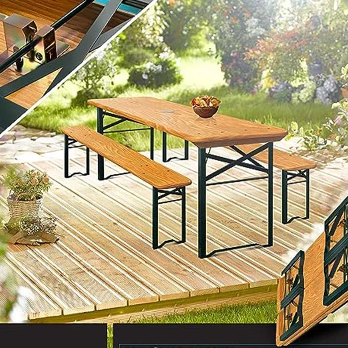 Outdoor Beer Tent Table Beer Garden table for camping Furniture Foldable 2xBenches 1xTable Standing Seat Set Wood 220cm, 3 piece