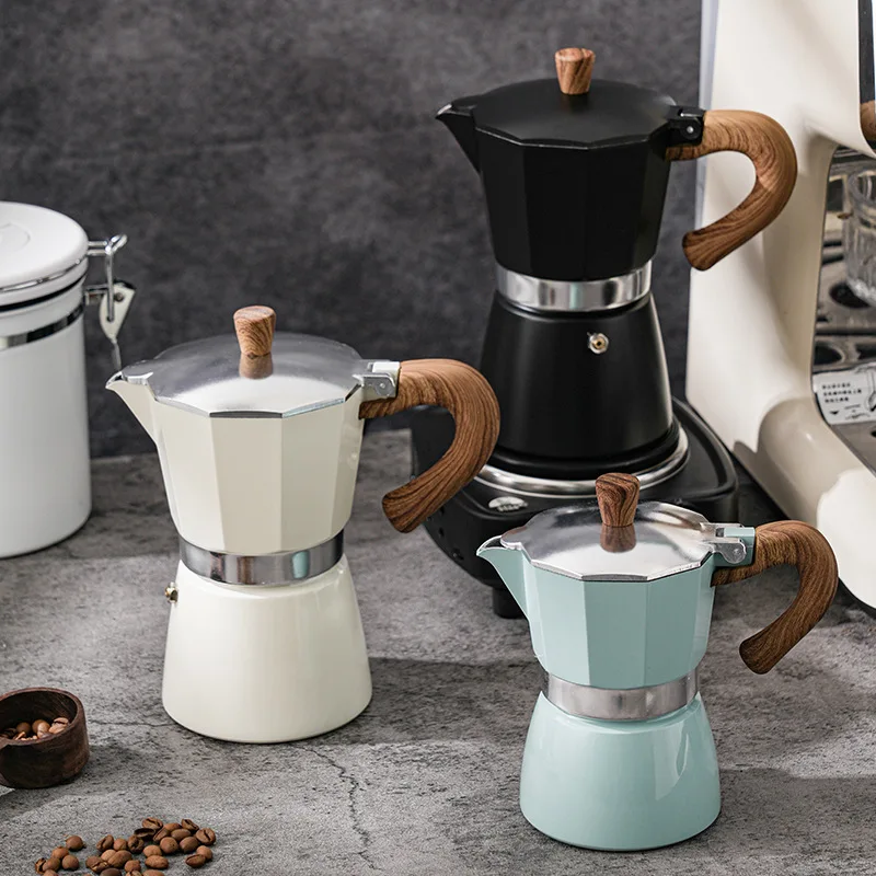European Hot 3/6 Customized Classical Aluminum Espresso Moka Coffee Cup Makers Aluminum Moka Pots With Wood Grain Handle