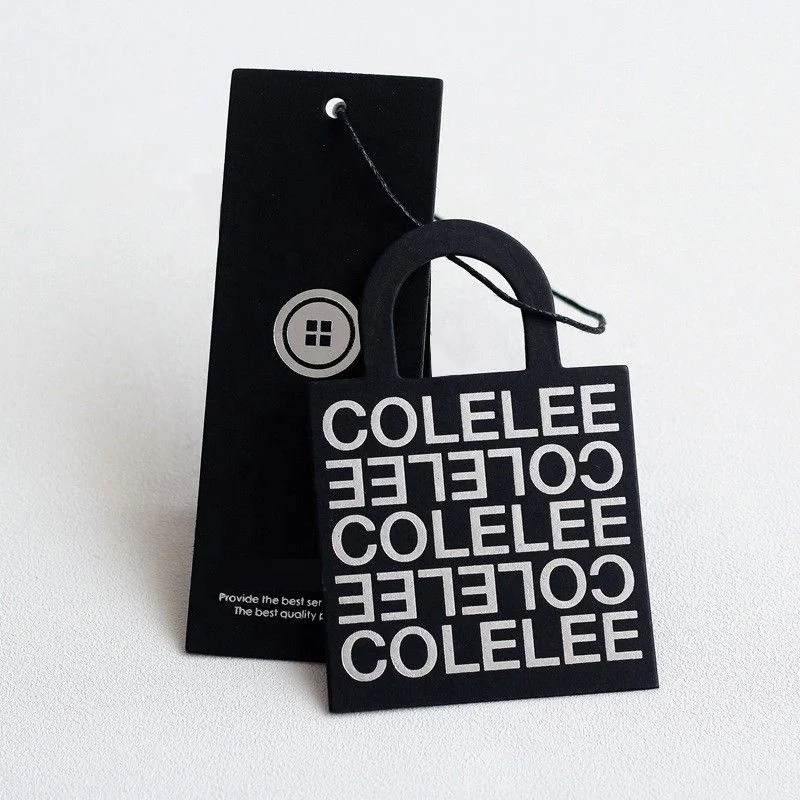 Custom Luxury Silver Foil Stamping Hangtags Apparel Bag Clothing Swing Shoe Tags Black Card Hang Tags Garment Labels