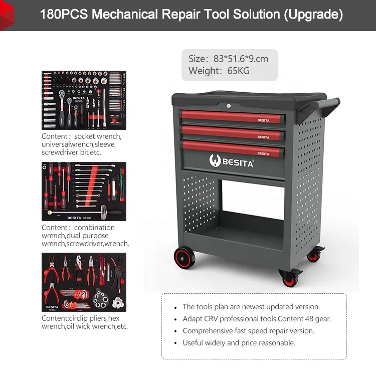 180 pcs 3 Drawer Toolkit Set Mounted Garage Storage Boxes For Car Repairing Workshop Craftsman With 180pcs Tool Set