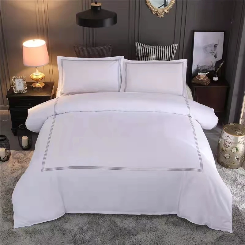 100% Cotton Satin Stripe White Hotel Bed Sheets Bedding Set With Chinese Style Bed Runner And Cushion