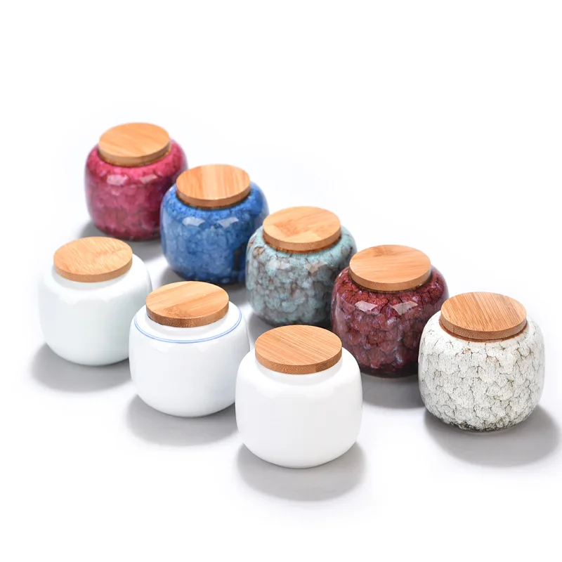 food grade round kitchen spice tea tins 14oz sublimation amber vacuum air tight sets bottles ceramic storage jar bamboo lid