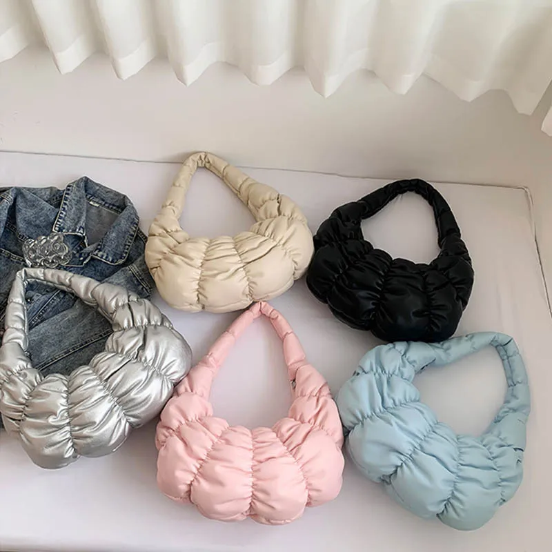 Trendy 2024 Quilted Puffer Dumpling Crossbody Bag Large Capacity Underarm PU Wrinkle Puffy Shoulder Bag