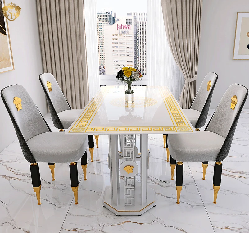 Luxury black gold large sintered stone dining room table furniture designer classic italian modern 6 seater dining table set