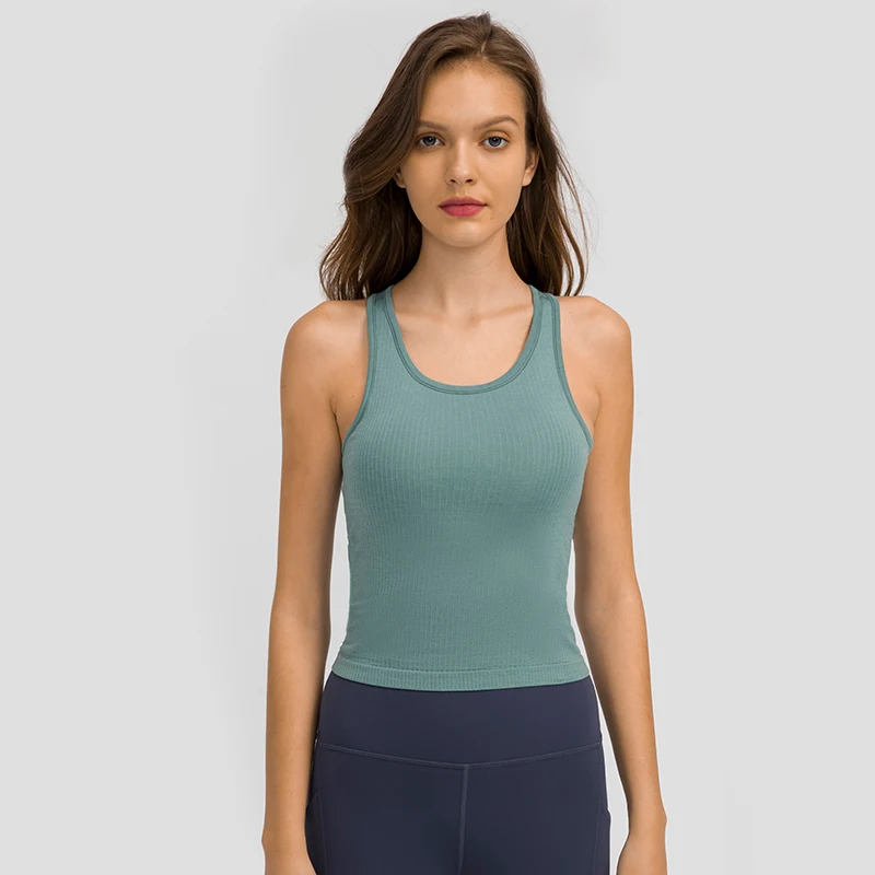 New Ribbed Racer back Tank Top with Built-in Bra Fitness Yoga Casual Sports Vest