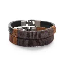 Steel Black Leather Twine Bracelet Hand Woven PU Leather Bracelet Wholesale