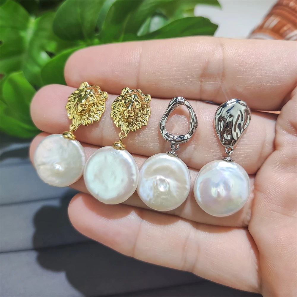 18K Gold Plated Stud Earrings Fashion Water Drop Lion Head Earrings Natural Baroque Pearl Jewelry Studs for Women Engagement