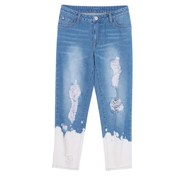 Cotton Denim Ripped Jeans Women Tie Dye Bleach Fashionable Pencil Distressed Jeans for Ladies OEM Service Woven Women Pants Mid
