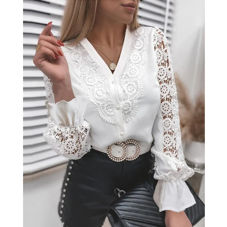 Wholesale ready to ship garment manufacturers white lace blouses women