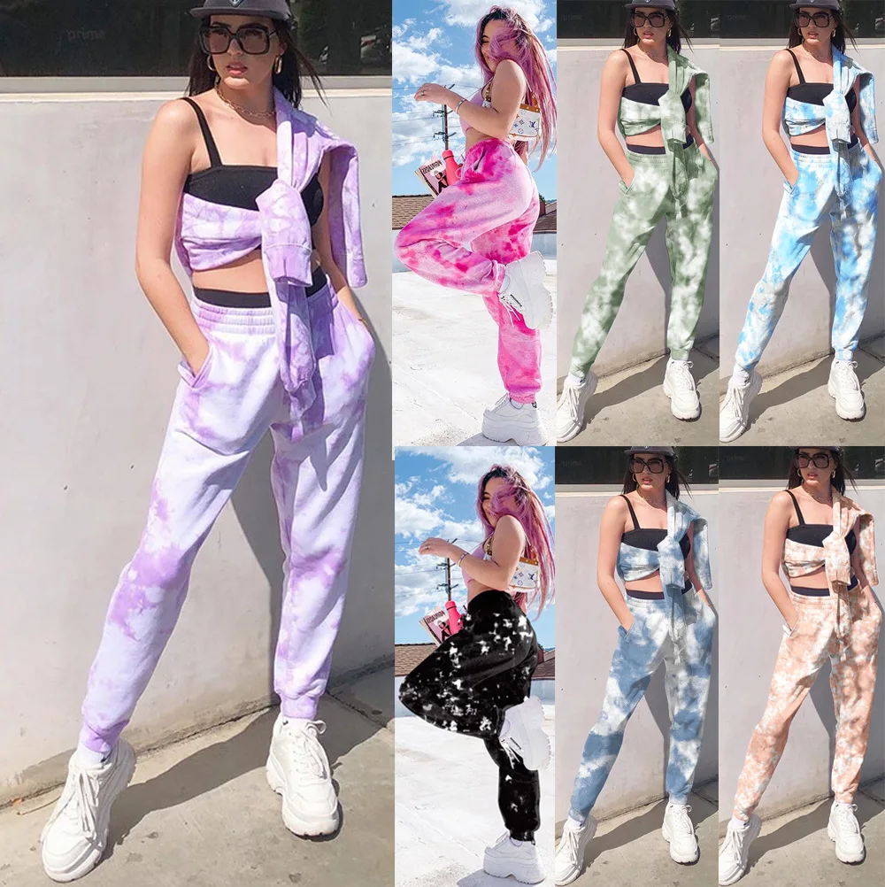 
New arrival female tie dye print female girls high waist hip hop fleece women running jogger pants 