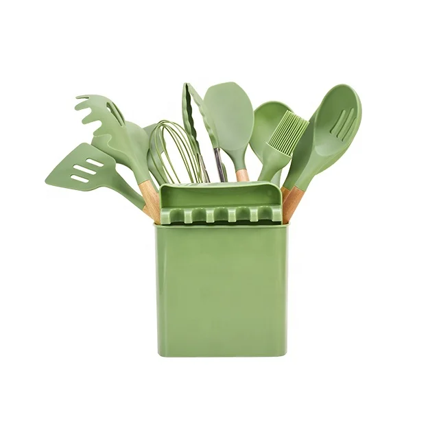 Heat Resistance Green Silicone Kitchenware Wooden Handle Spoon Spatula Turner Ladle Tongs Kitchen Utensils Set Cookware