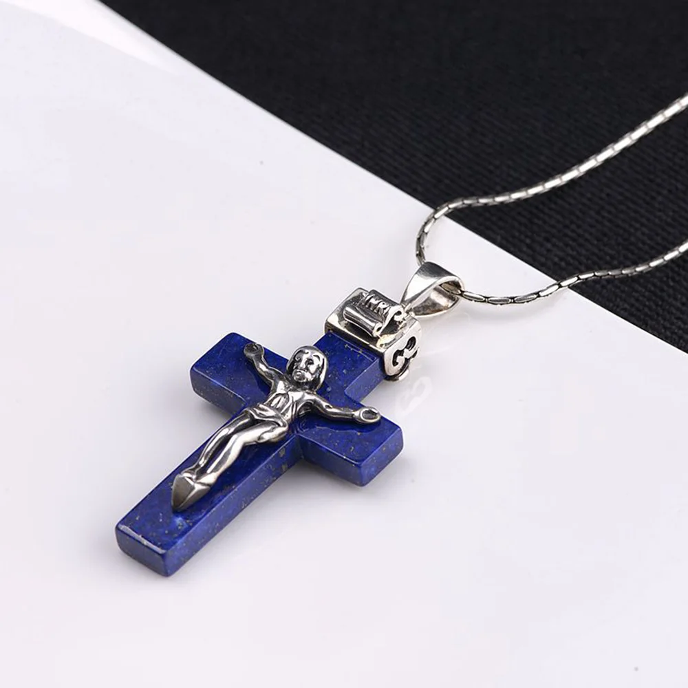 Real Pure 925 Sterling Silver Crucifix Jesus Piece Pendant For Men Women With Natural Lapis Lazuli Stone Antique Holy Jewelry