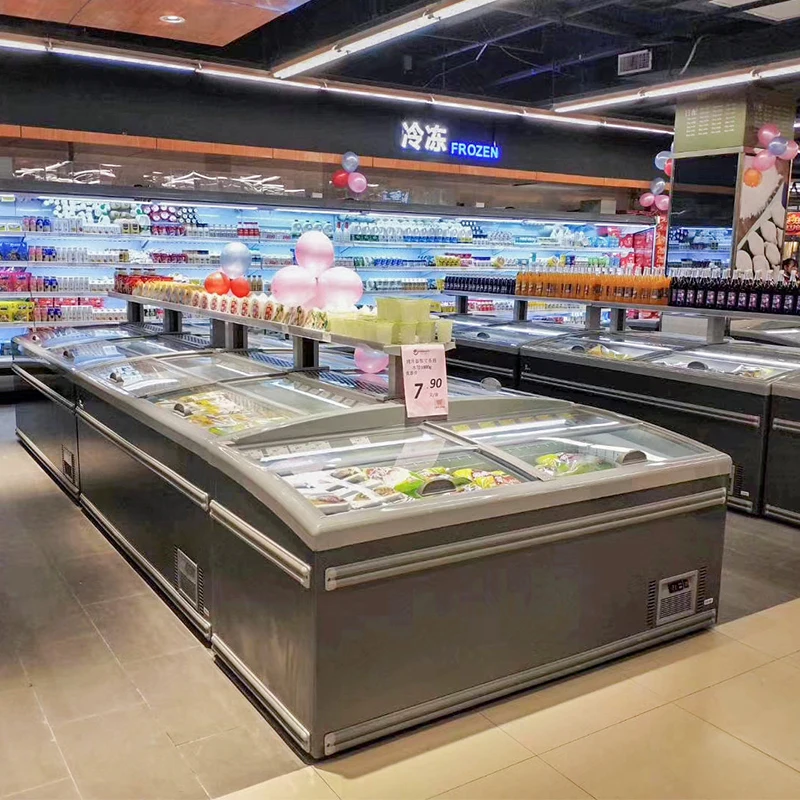 Supermarket refrigeration equipment large capacity meat display sliding glass door chest island freezer
