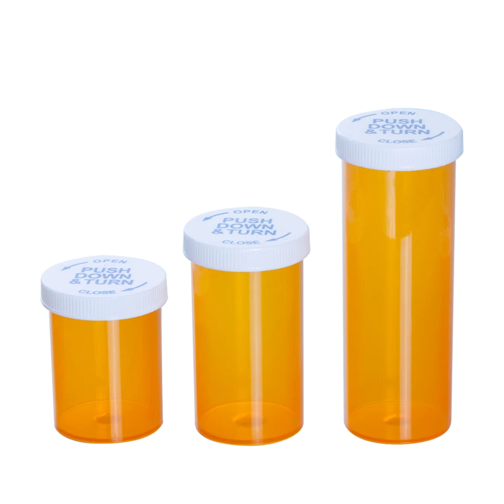 Plastic medicine storage RX medicine push and turn child resistant cap robotic vial
