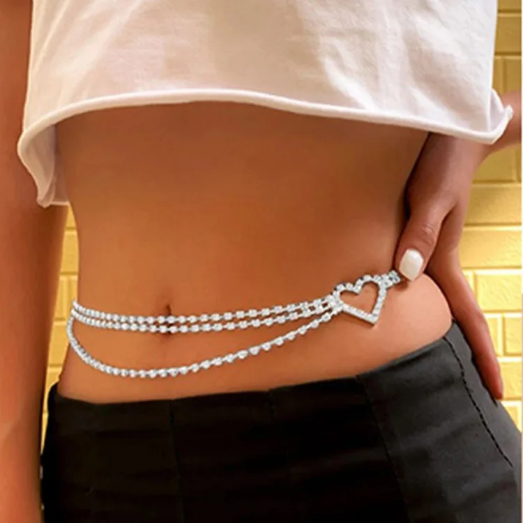 Sexy Gold Silver Love Heart Waist Chain Body Jewelry For Party Nightclub Shiny Multi Layer Heart Rhinestone Waist Chain Women