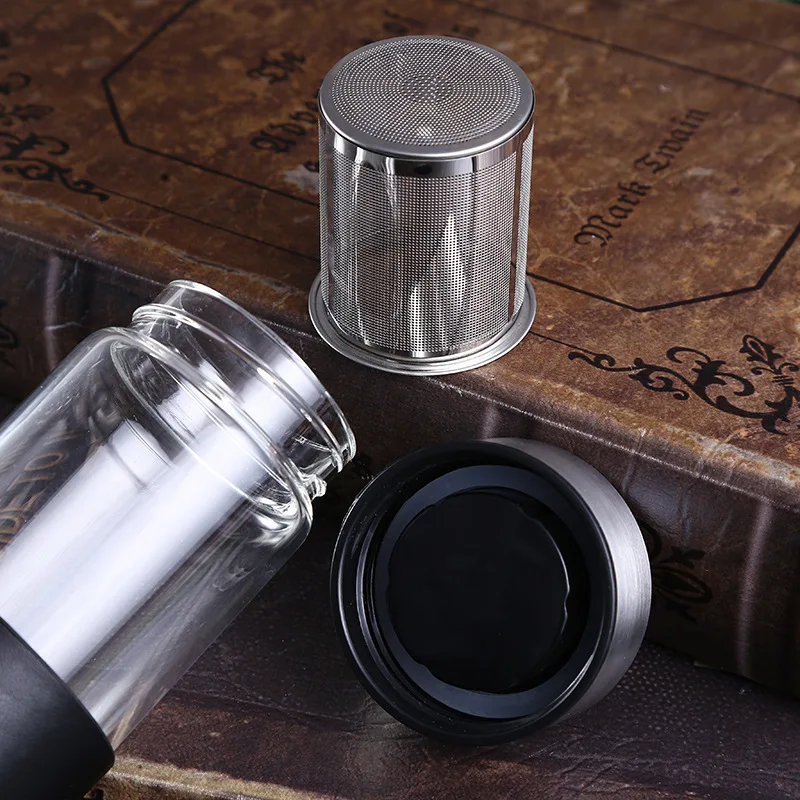Подарочная чашка с логотипом на заказ, бутылка для воды с фильтром для чая, переносной Теплоизоляционный кожаный чехол, стеклянная бутылка для воды с ситечком для чая