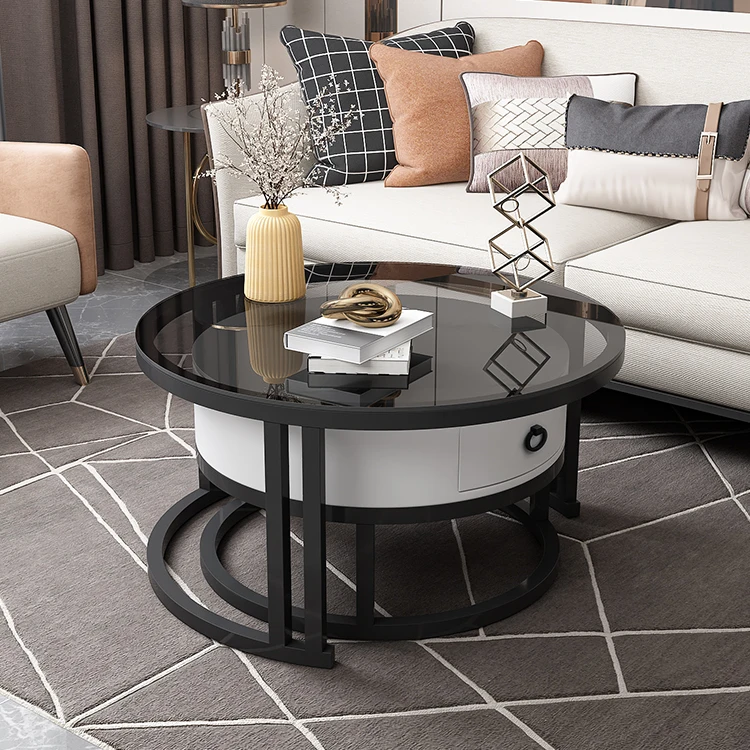 Wholesale Modern Luxury Round Glass Stone Metal Center Coffee Tables Coffee Table Sets With Drawer