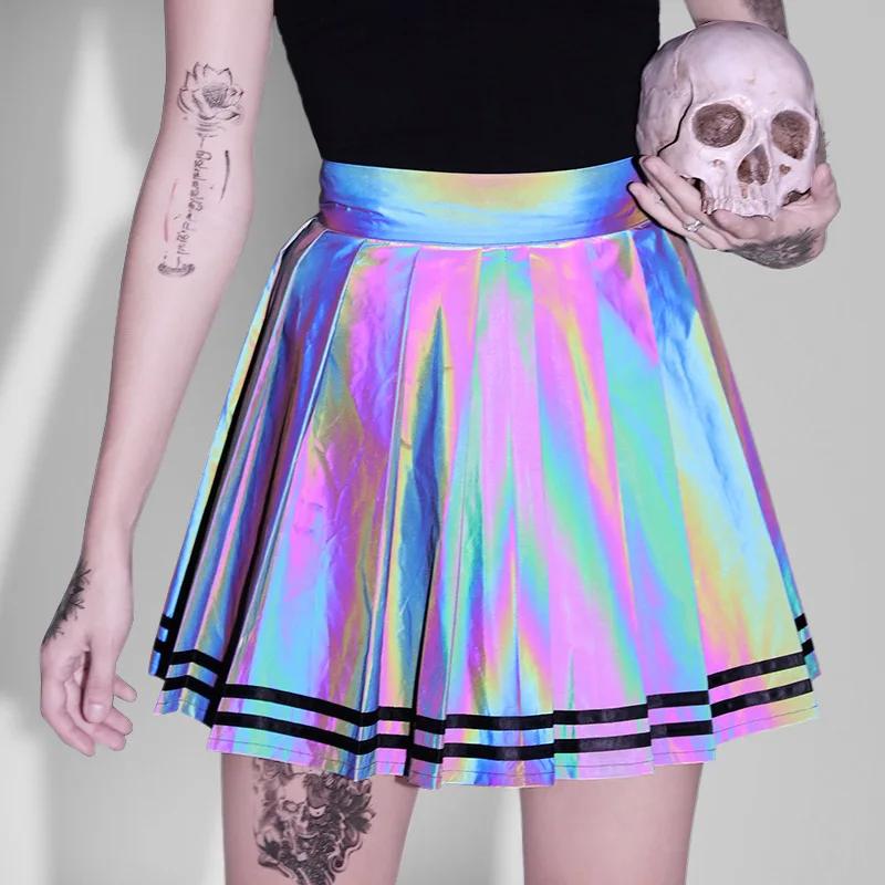 Free shipping  Stylish women reflective pleated skirt  polyester sexy fashion micro A line young girls hot mini skirt