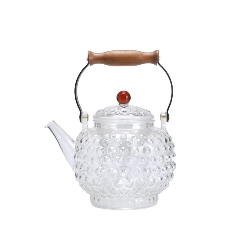 new design 1000 ml heat resistant  clear teapot  glass tea pot with bamboo handle