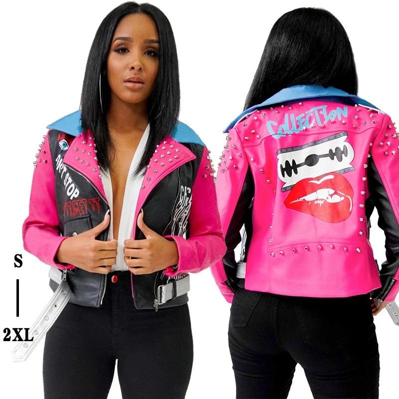 
Women Casual Zipper Turn-down Collar Contrast PU Jacket Rivet Coats Leather Jackets 