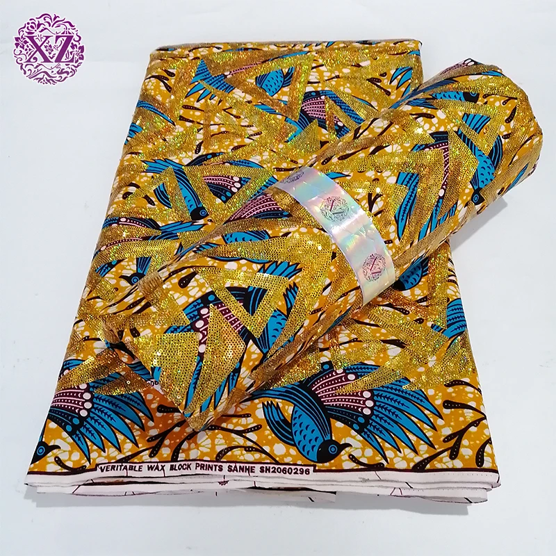 High Quality Sequins Lace Embroidery African Ankara Gold Printed Wax Fabric
