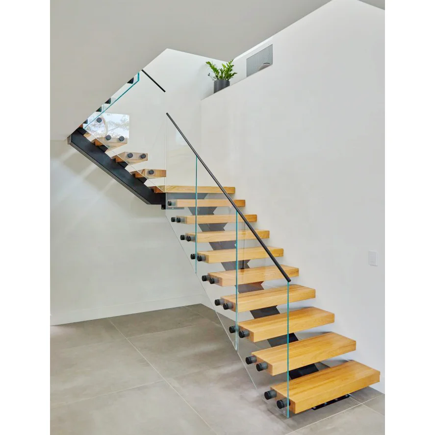 GAOBO Factory Custom Modern Style Interior Stair Tempered Glass Railing Solid Wood Steps Mono Stringer Staircase Design