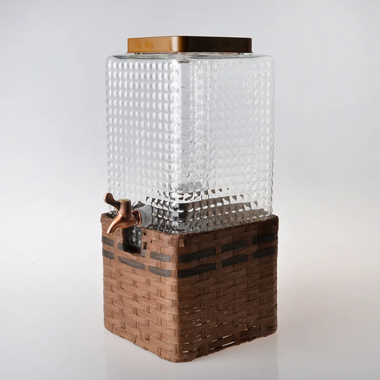 high quality elegant drinking glass juice beverage dispenser glass water jar with wicker bucket stand and tap