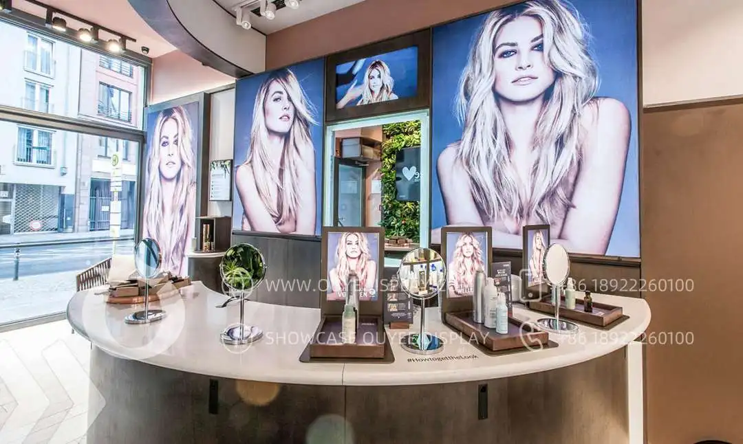 Custom Wood Showcase for Cosmetic Store Perfume Display Glass Shelves And Lockable Counter With Drawer and Storage