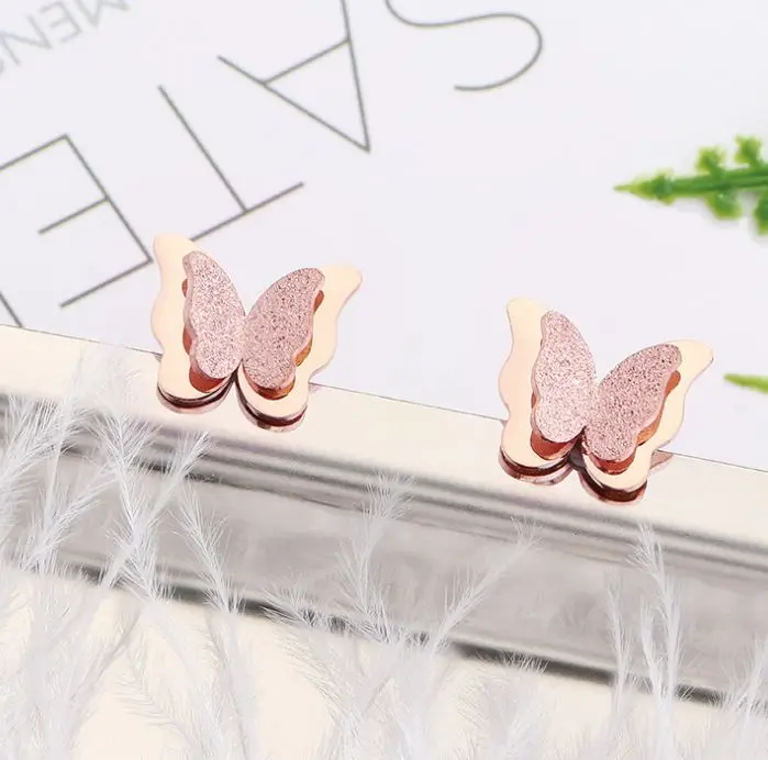 
Korean style frosted butterfly earrings fashion 18k rose gold plated titanium steel stainless steel earrings hypoallergenic 