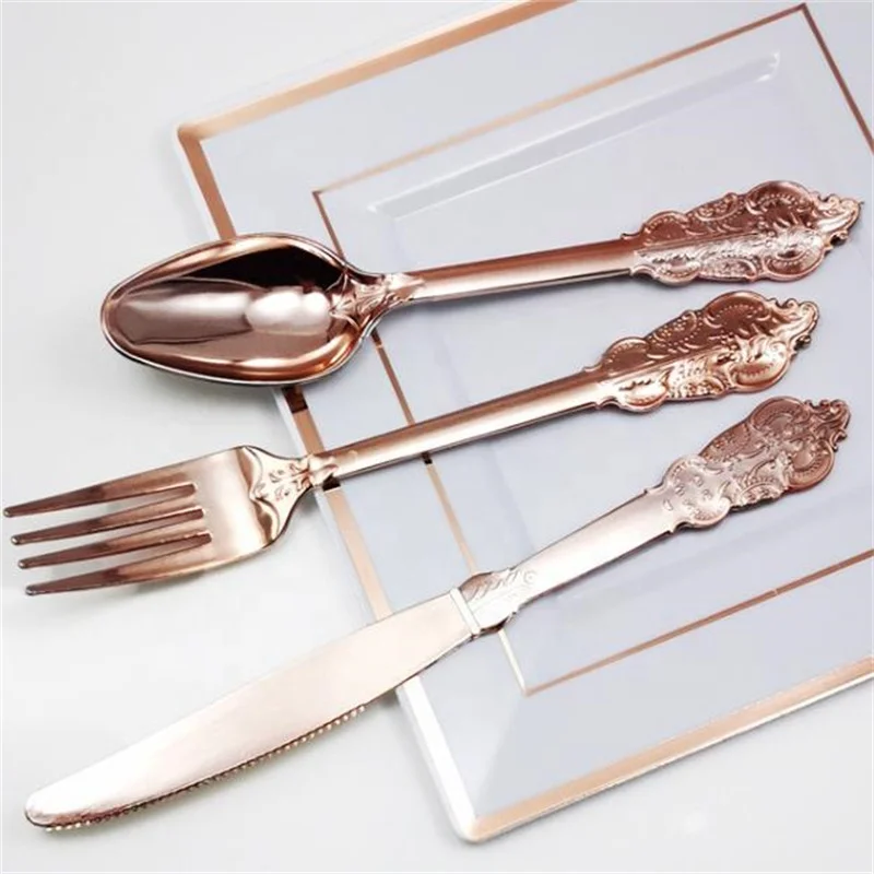Gold Plastic Silverware Disposable Gold Rose Gold Forks Spoons and Knives, Elegant Plastic