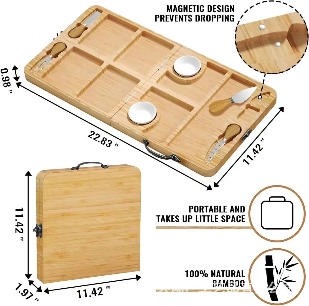 Portable Solid Wood Eco-friendly Board Set for Chopping Fruit Bread Cheese Nuts Folding Design for Snacks and Deli Use