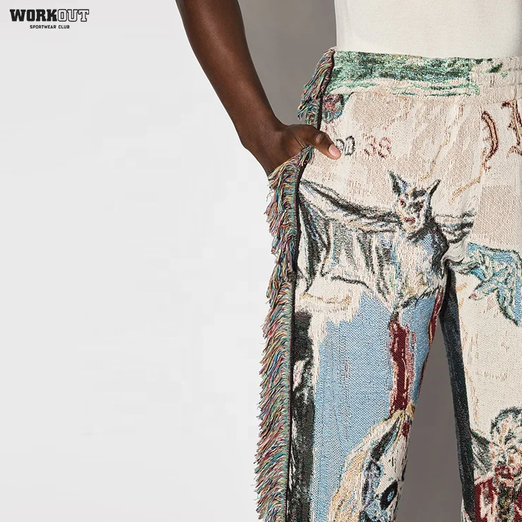 Custom Tassel Oversized Cargo Flare Unisex Stacked Woven Tapestry Pants For Men