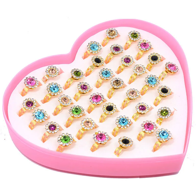 Plastic Cute Cartoon Gift Round Flower Rings for Girls Children Jewelry Crystal Zircon Ring for Kids Gift