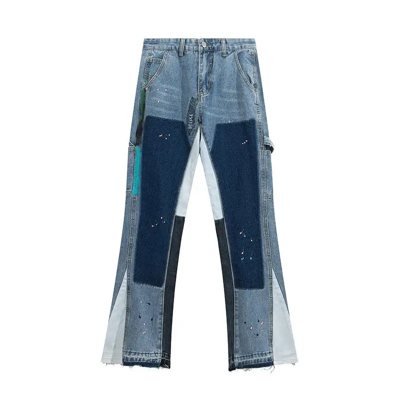 Hand-painted  jeans  High street color Mosaic men stacked flare skinny jeans Stock up takes 10 days