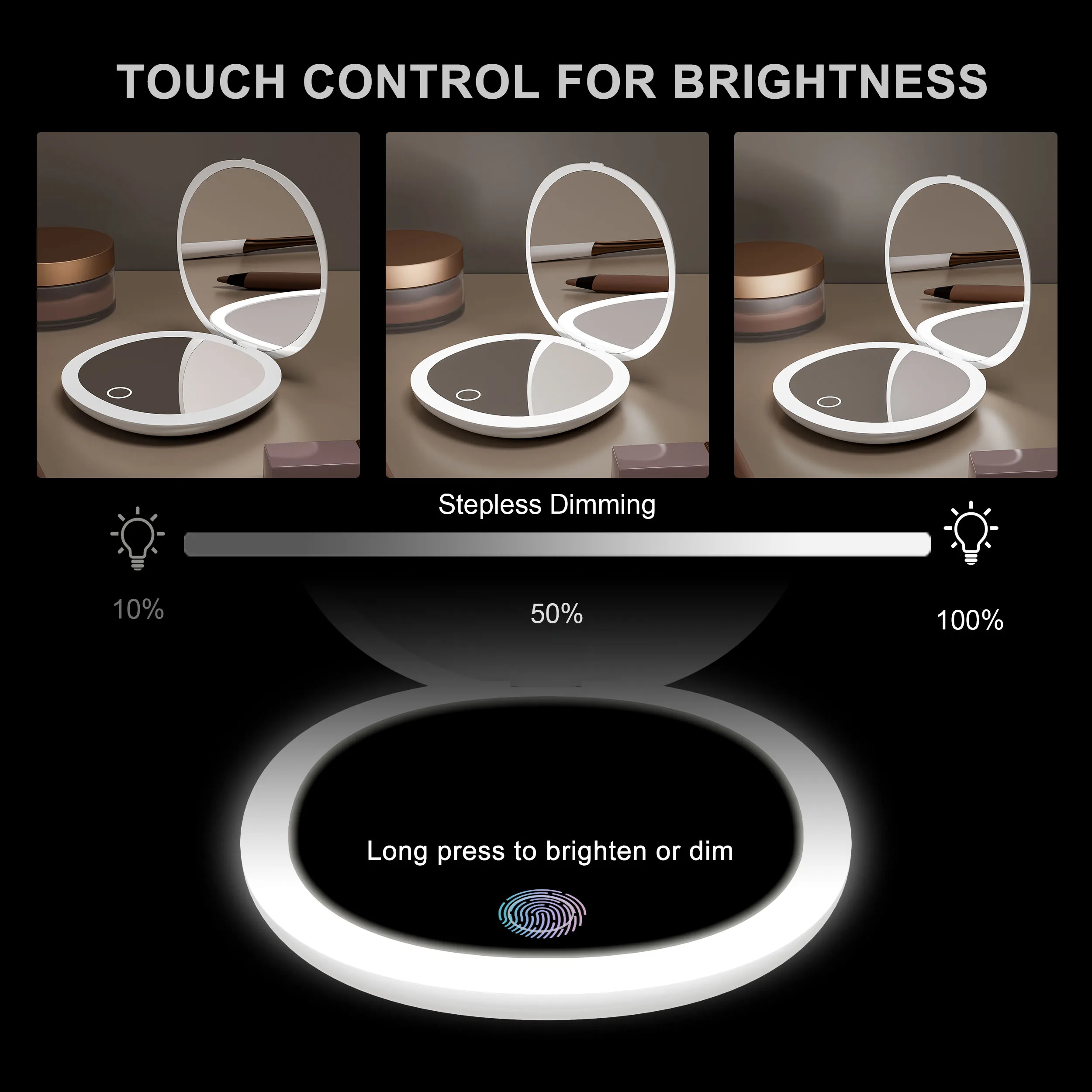 Touch Control Brightness Factory Custom Logo Portable Makeup Hand Pocket Mirror Small Mini Compact Mirror With Led Light