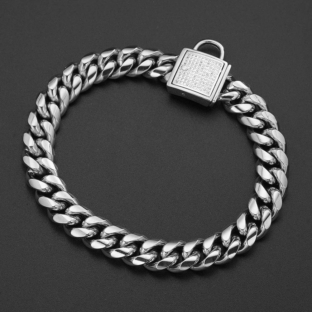 Stainless Steel Chunky Dog Cuban Chain Plated 18k Silver Diamond Pet Collar And Leash