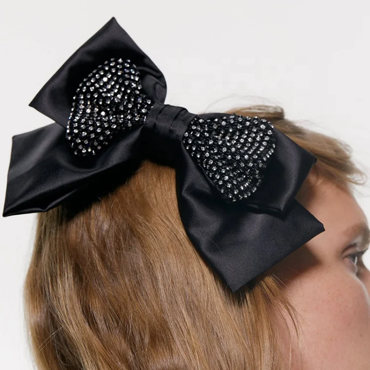 Rhinestone Bowknot Hair Clip Big Black Cloth Barrettes Alloy Women Hair Accessories