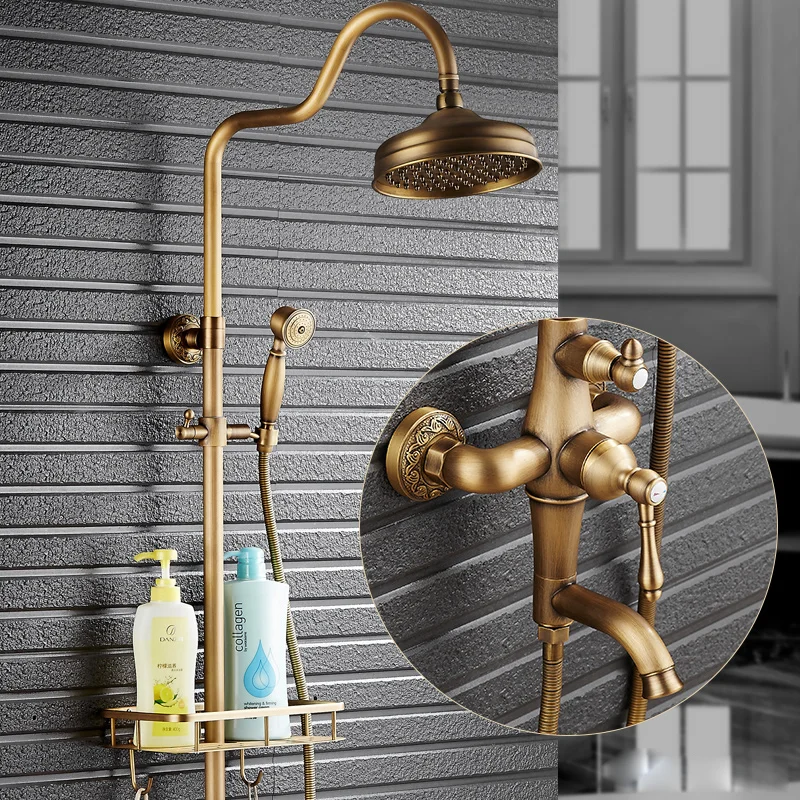 Antique Brass Wall Mount  Bathroom Shower Faucet Set Dual Handle Sliding Bar Shower System Shower Mixer Tap SF0264