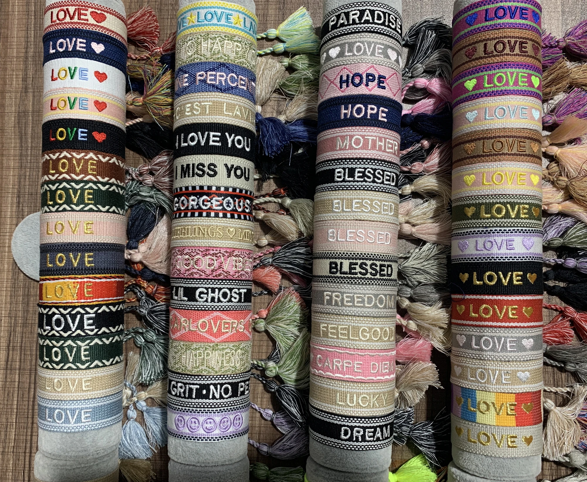 100 Styles In Stock Wholesale Ethnic Embroidery Friendship Bracelet  Custom Logo Webbing Wrist Band Woven Tassel Bracelets