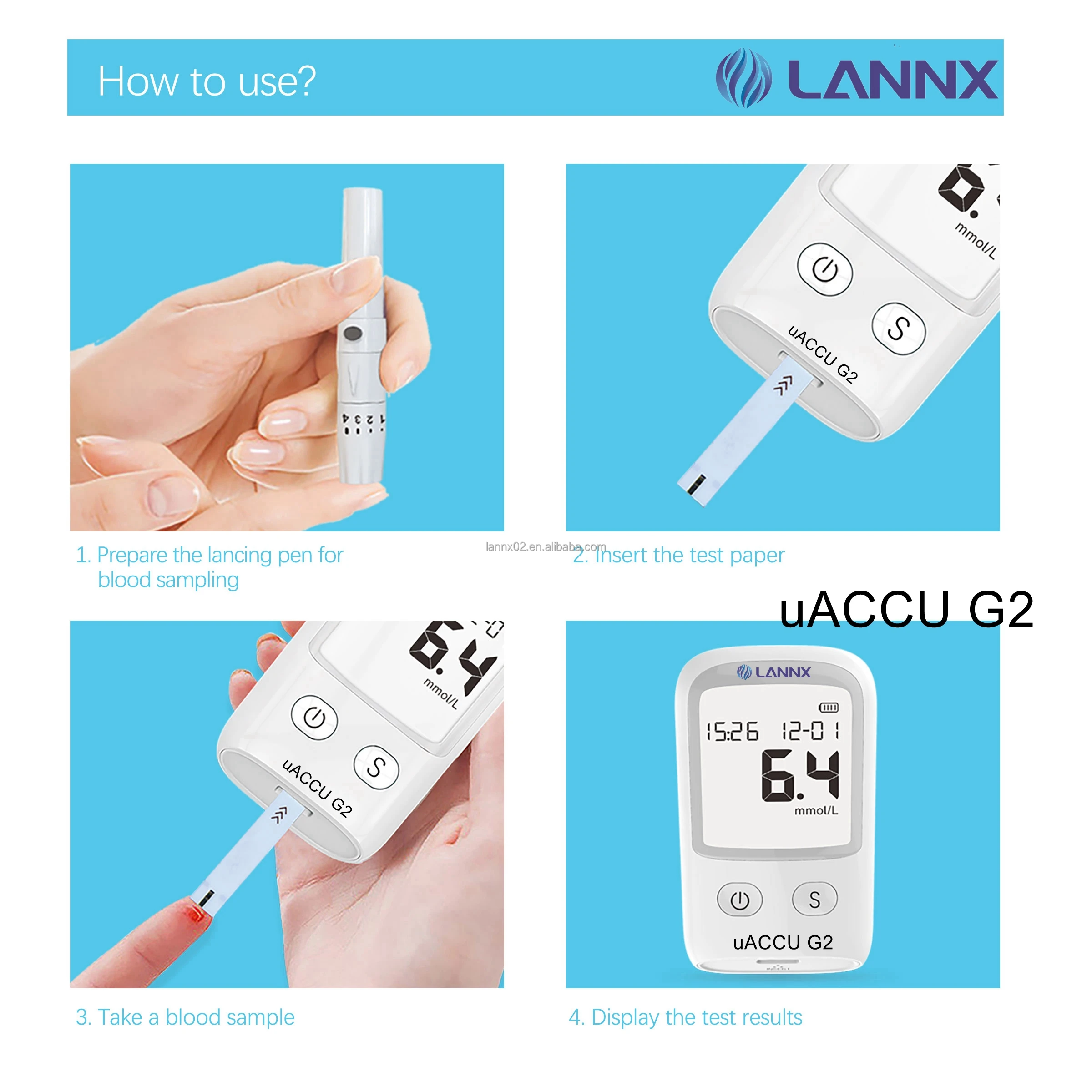 LANNX uACCU G2 Low Price Digital Glucometer portable Glucometers with test strip Blood Glucose Meter Kit LCD Display glucometer
