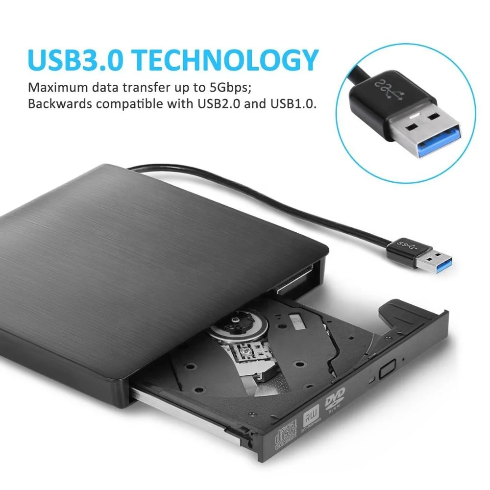 External CD Drive USB 3.0 Portable CD/DVD +/-RW Slim DVD/CD ROM Rewriter Burner Compatible with Laptop Desktop PC